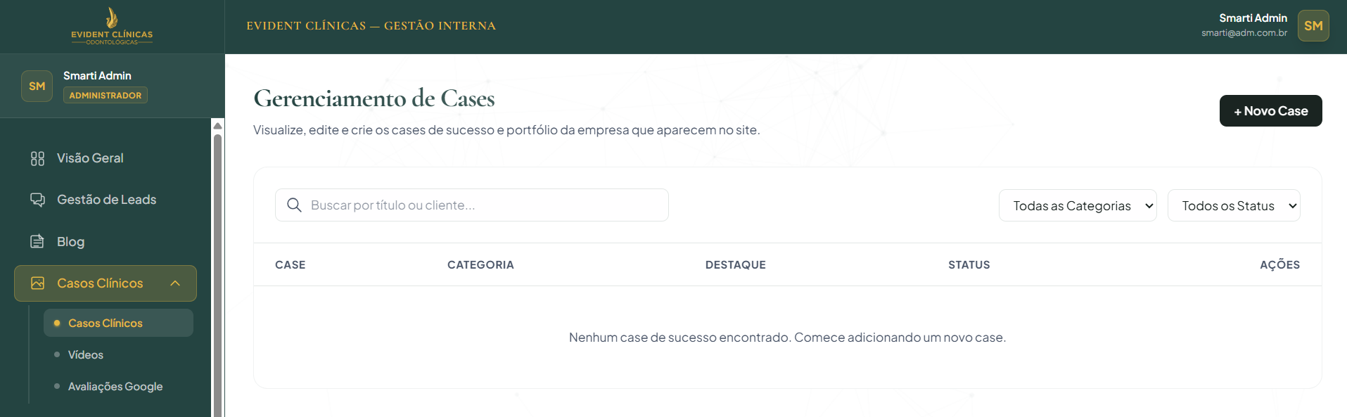 Lista de casos de estudo no dashboard
