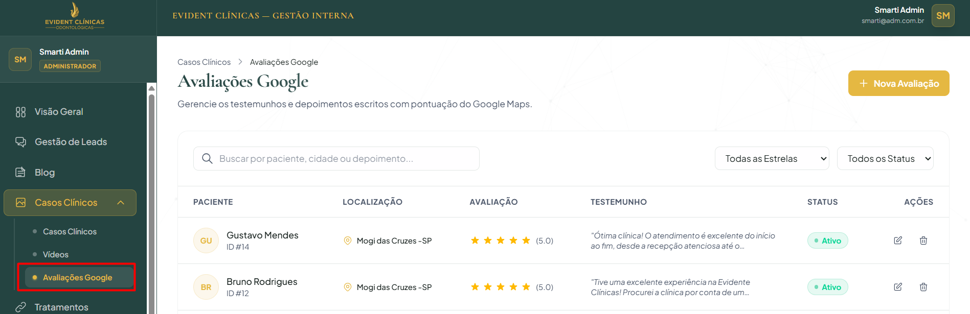 Lista de avaliações do Google no dashboard