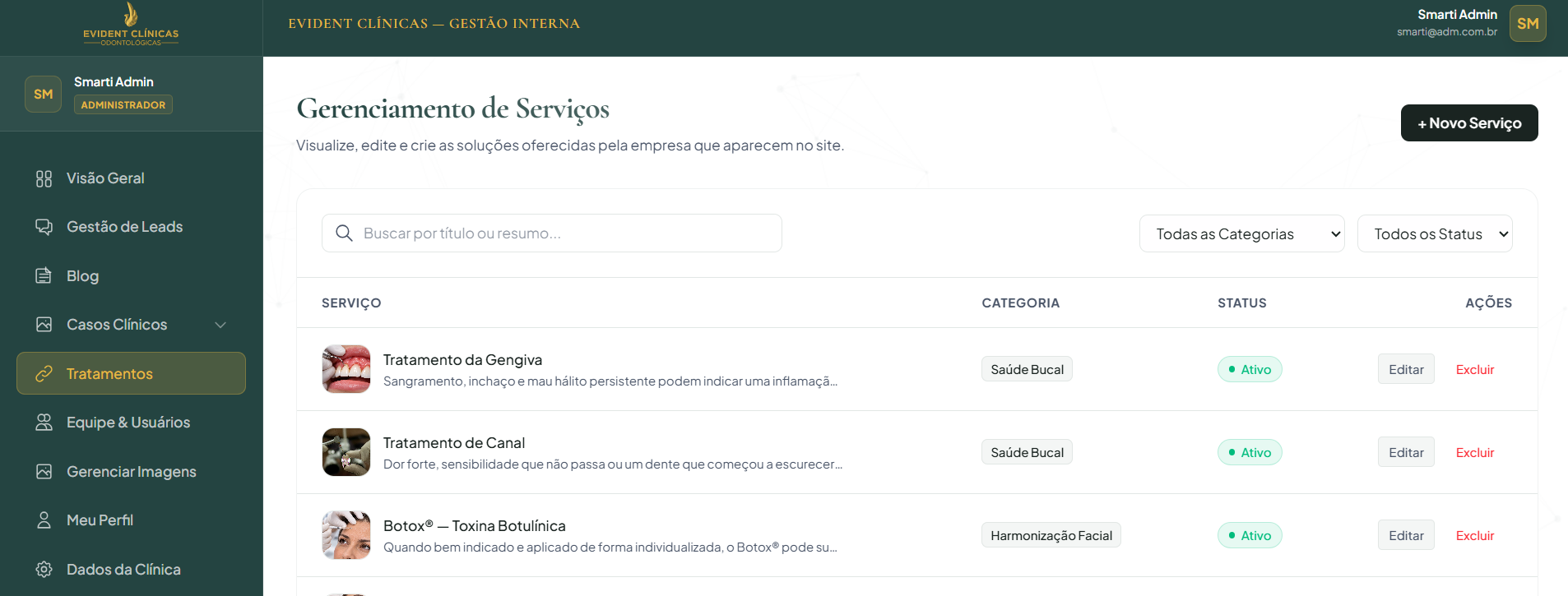 Lista de serviços no dashboard
