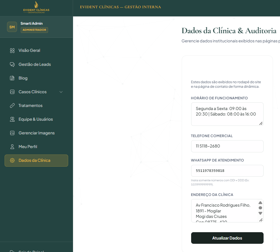 Página de configurações gerais do site