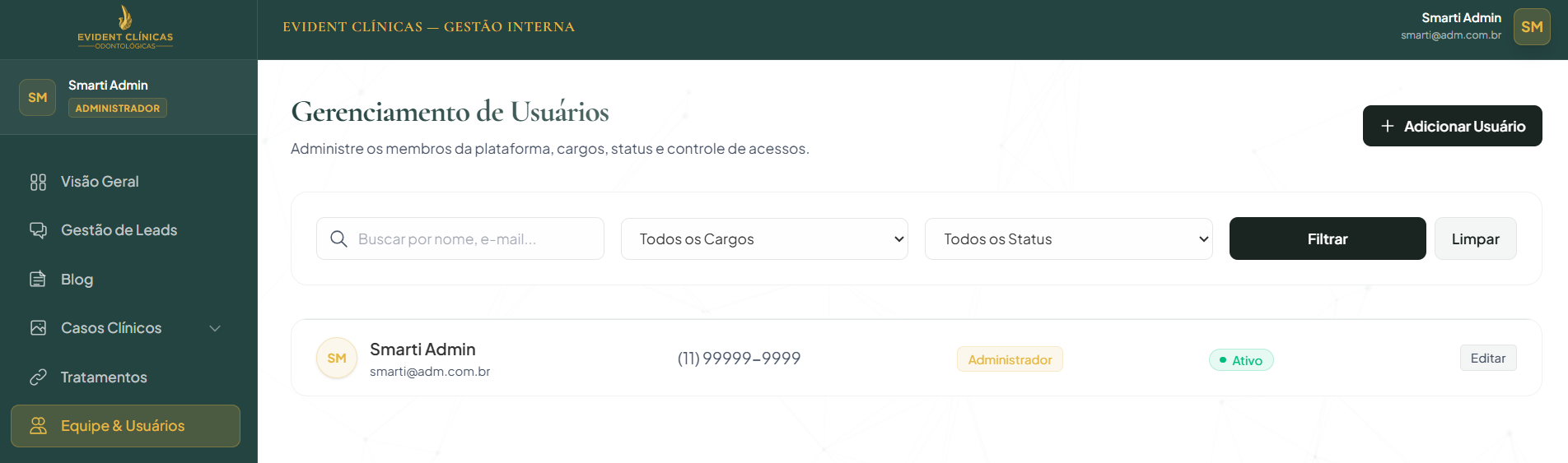 Lista de usuários do dashboard